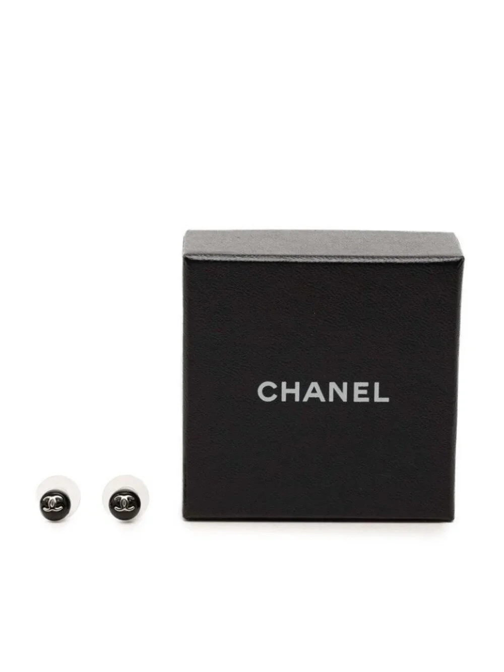 Chanel CC Logo Round Earrings 07 Black Silver Metal Plastic